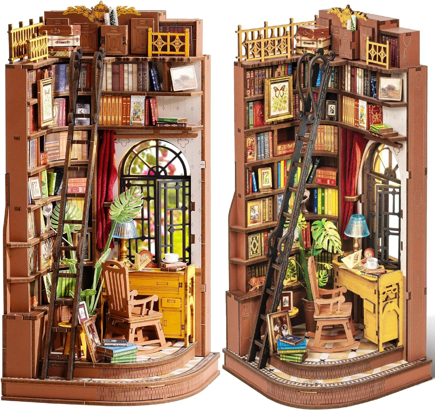 Book Nook Rolife Silent Corner Study — puzzle de madeira 3D com luz LED montado numa estante